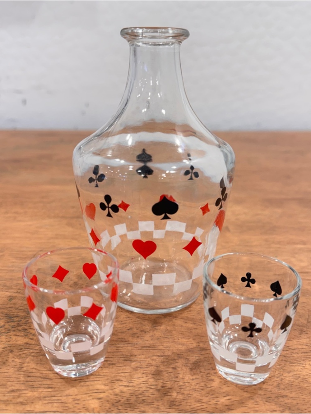 Vintage Playing Card Glass Decanter and Shot Glasses Clear Made in France